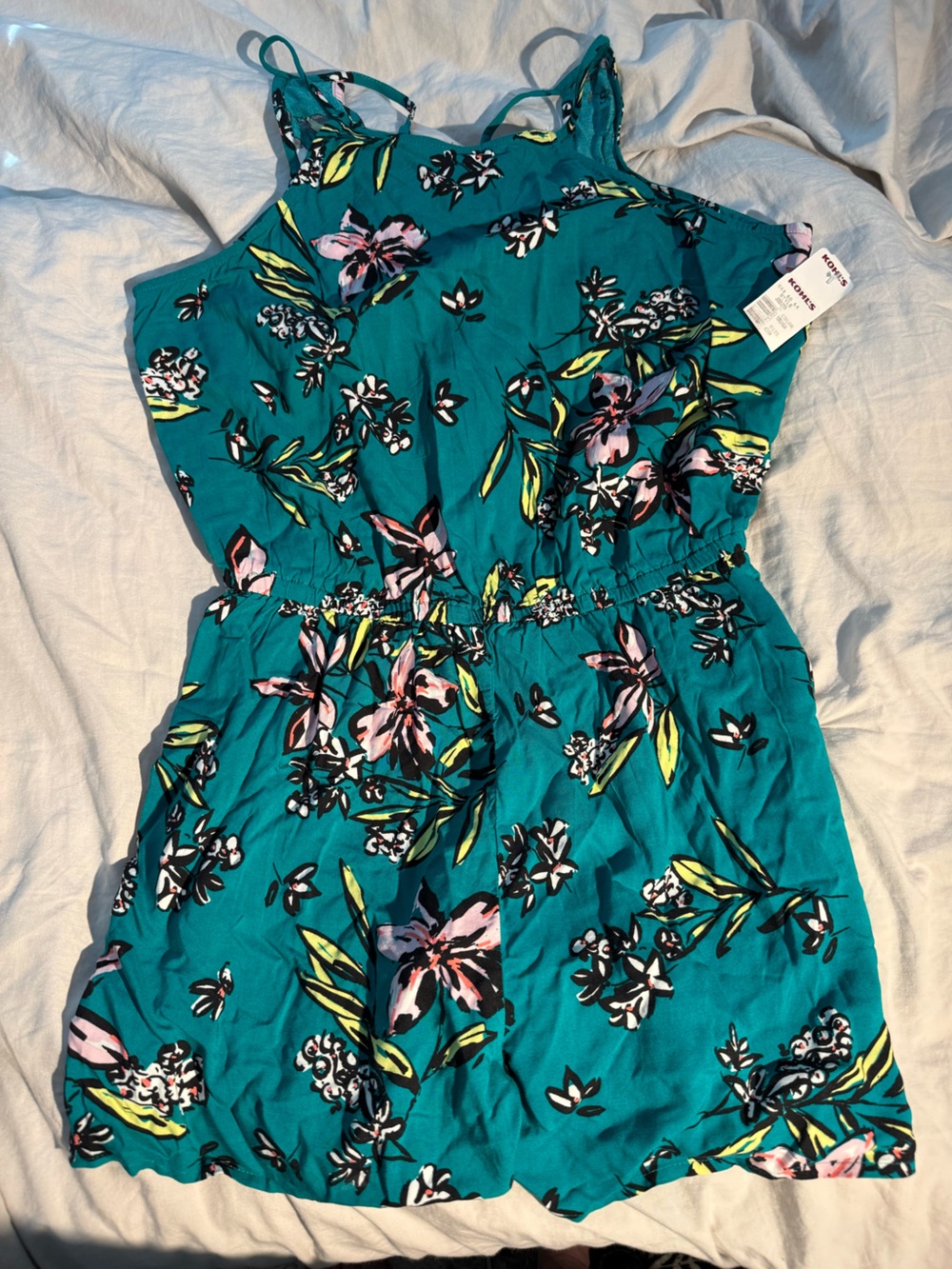 SO Teal Floral Spaghetti-Strap Romper with Pink and Yellow Flowers